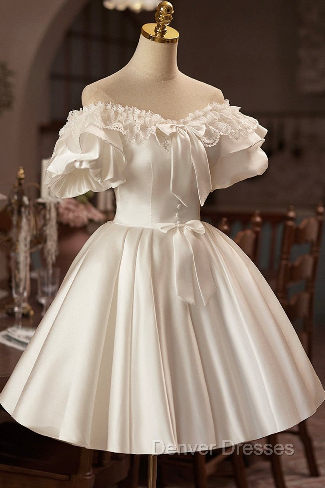 White Off The Shoulder Lace Short Prom Dress, A-Line Satin Knee Length Party Dress