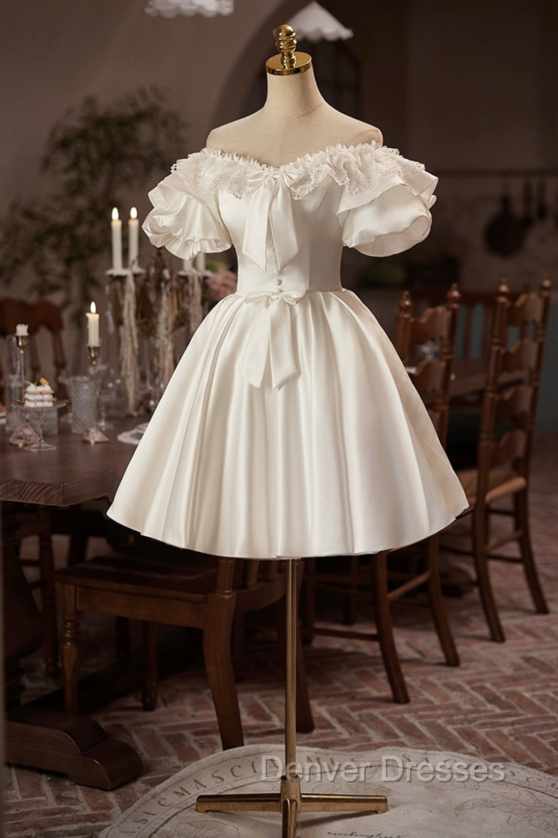 White Off The Shoulder Lace Short Prom Dress, A-Line Satin Knee Length Party Dress