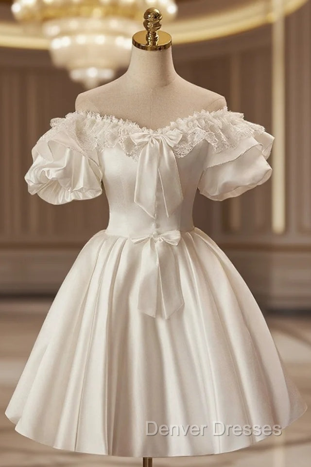 White Off The Shoulder Lace Short Prom Dress, A-Line Satin Knee Length Party Dress