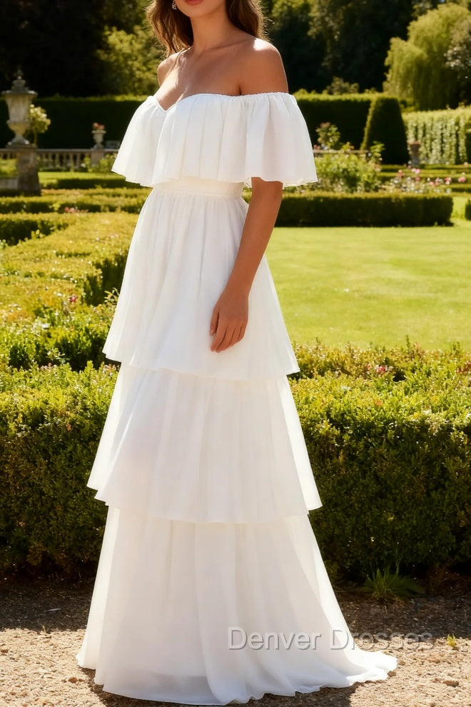 White Off the Shoulder Ruffle Chiffon A Line Wedding Dress Main image