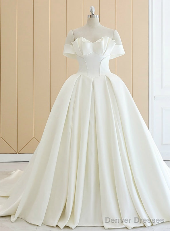 White Off The Shoulder Satin Wedding Dress With Long Train Main image