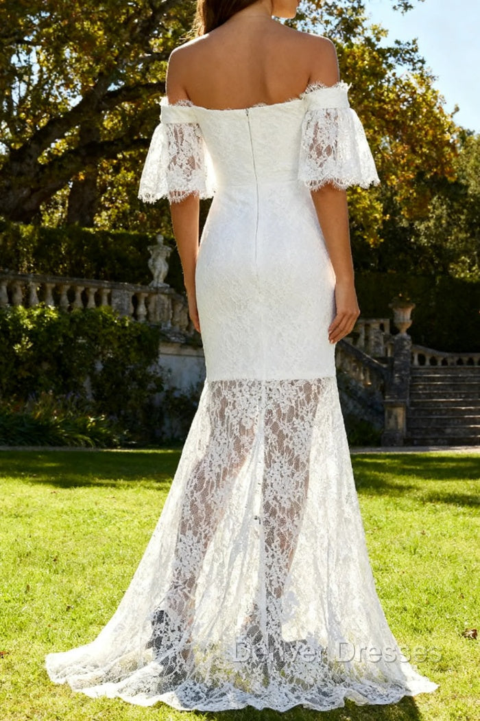 White Off the Shoulder Sheath Lace Wedding Dress With Slit Secondary image