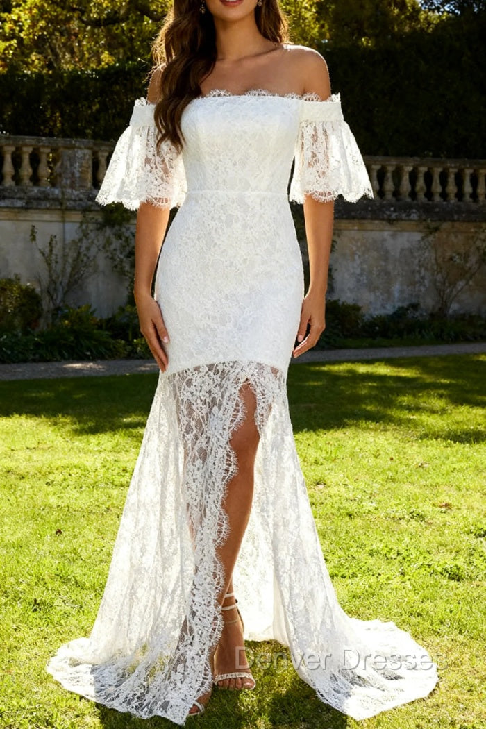 White Off the Shoulder Sheath Lace Wedding Dress With Slit Main image