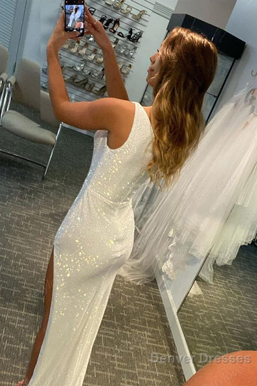 White One Shoulder Sequins Prom Dress with Slit Secondary image