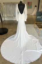 White Open Back Long Wedding Dress With Long Sleeves Pure Color