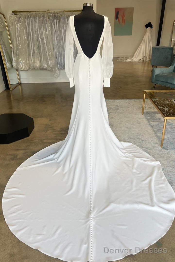 White Open Back Long Wedding Dress With Long Sleeves Pure Color