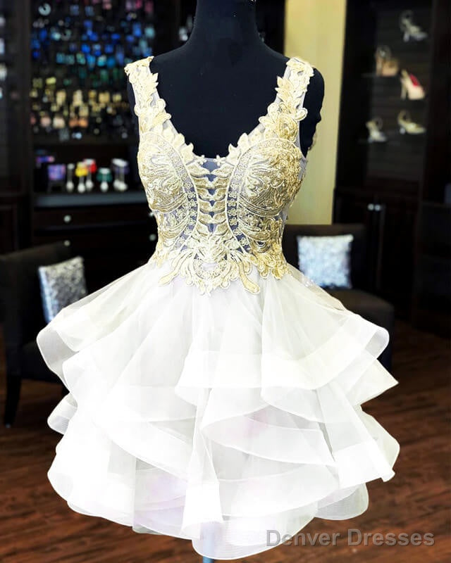 White Organza Ruffles Dress With Gold Lace Main image