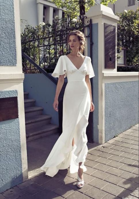 White Party Dress Half Sleeve Evening Dress V Neck Prom Dress