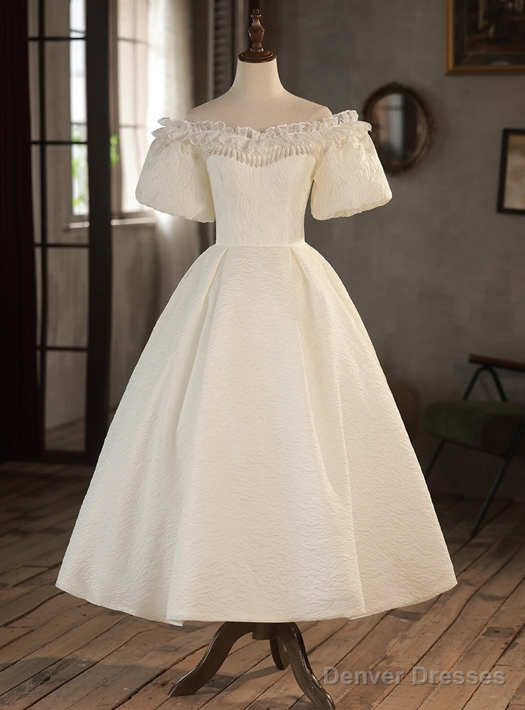 White Puff Sleeve Off the Shoulder Beading Wedding Dress Main image