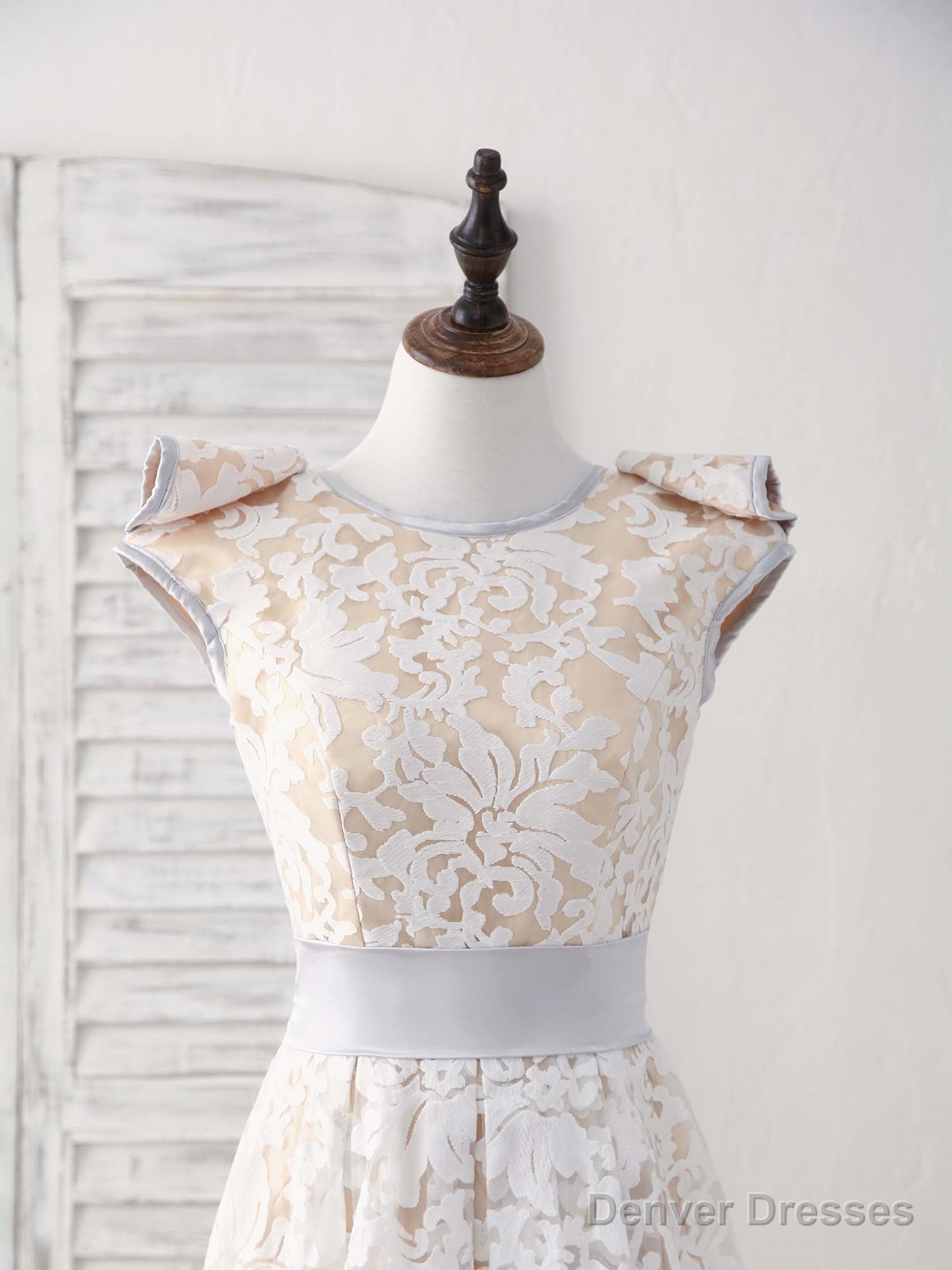 White Round Neck Lace High Low Prom Dress White Bridesmaid Dress