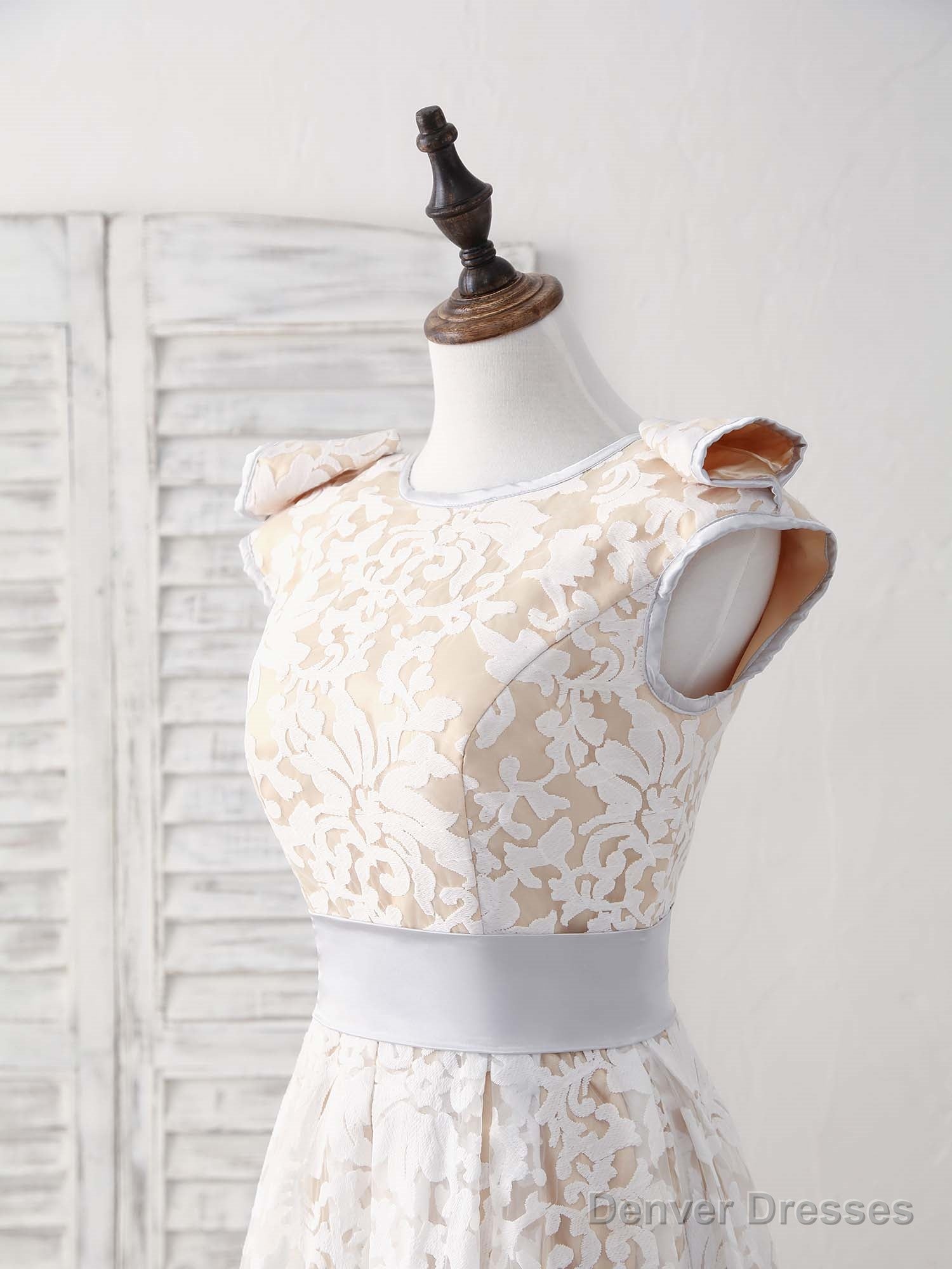 White Round Neck Lace High Low Prom Dress White Bridesmaid Dress