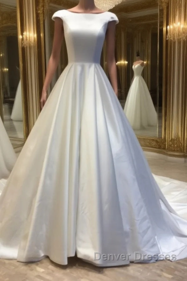 White round neck satin long prom gown, evening Dress