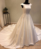 White round neck satin long prom gown, evening Dress