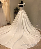 White round neck satin long prom gown, evening Dress