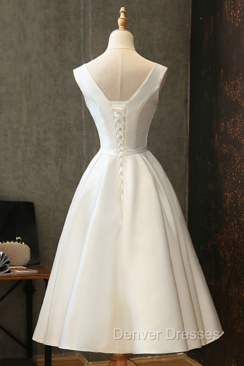 White Round Neck Satin Short Prom Dress White Homecoming Dress