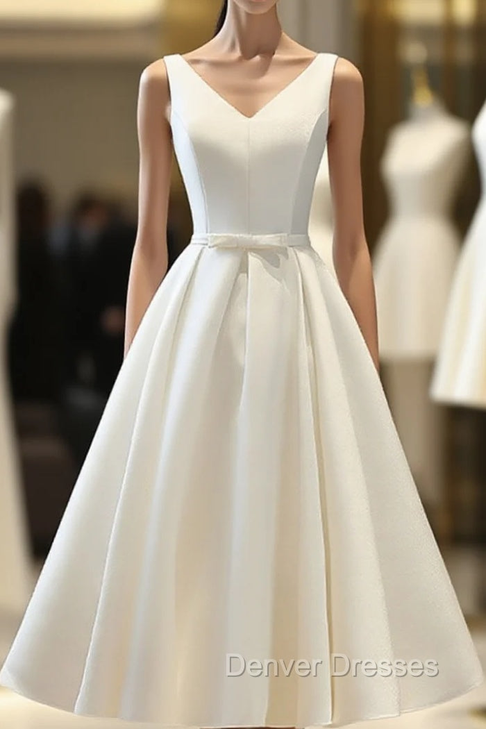 White Round Neck Satin Short Prom Dress White Homecoming Dress Main image