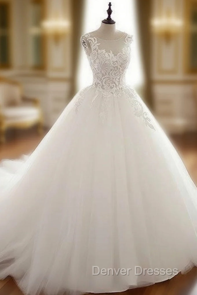 White Round Neck Tulle Lace Applique Long Wedding Dress, White Evening Dress Main image