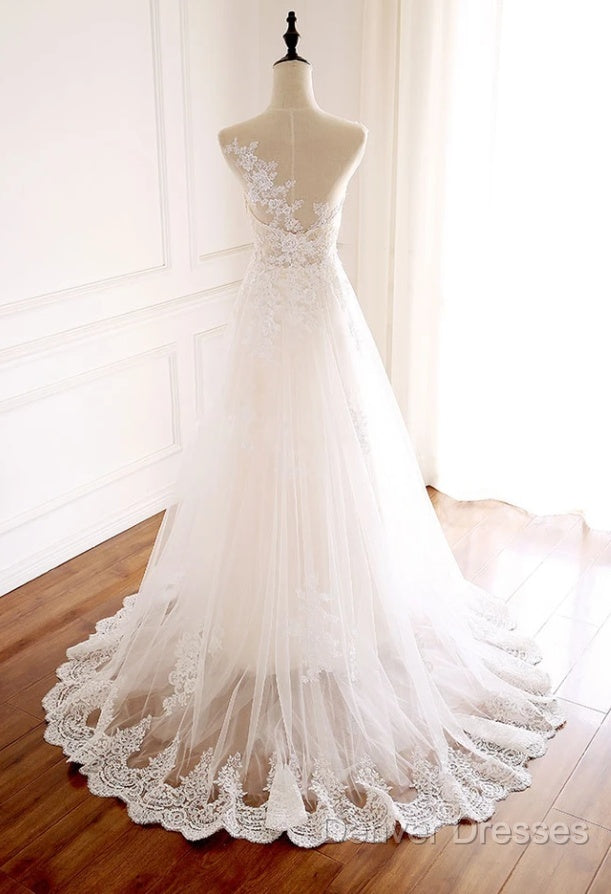White Round Neck Tulle Lace Long Prom Dress White Tulle Wedding Dress