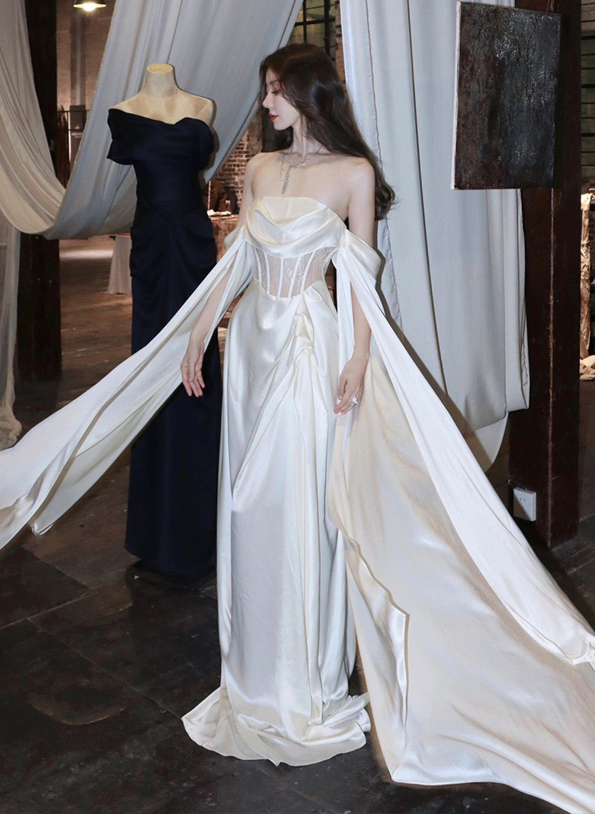 White Satin A-Line Long Scoop Long Evening Dress, White Satin Prom Dress Main image