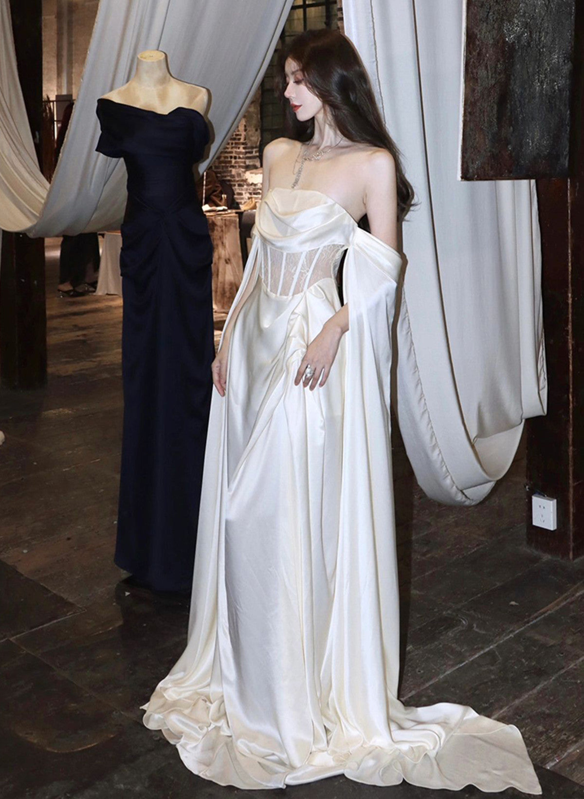 White Satin A-Line Long Scoop Long Evening Dress, White Satin Prom Dress Secondary image