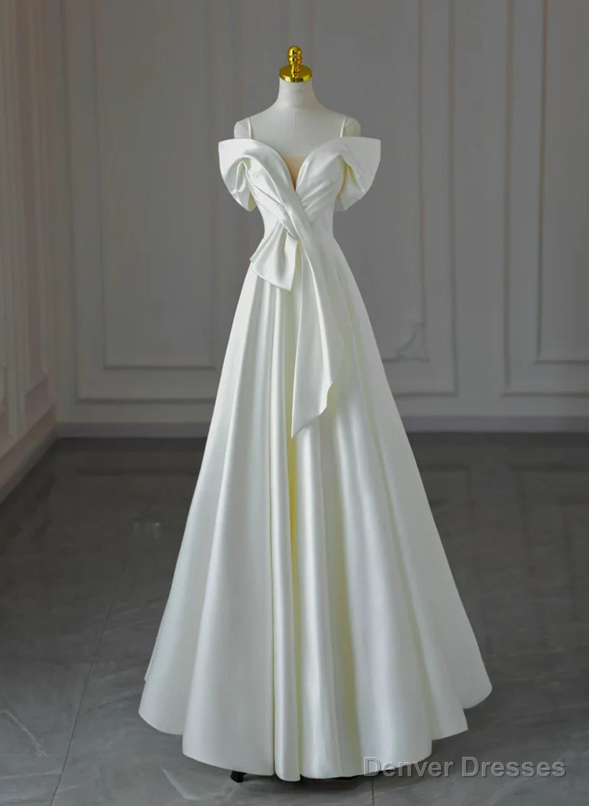 White Satin A-line Off Shoulder Evening Dress, White Satin Long Wedding Party Dress Main image