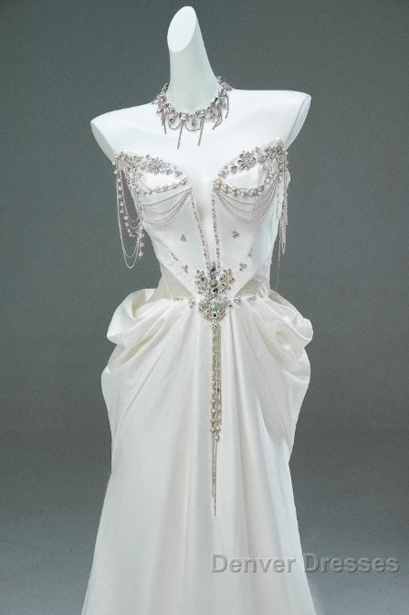 White Satin A-Line Sweetheart Beaded Long Prom Dress, Elegant Adult Ceremony Graduation Prom Dress Secondary image