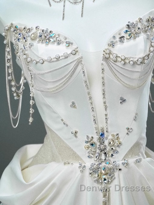White Satin A-Line Sweetheart Beaded Long Prom Dress, Elegant Adult Ceremony Graduation Prom Dress