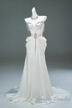 White Satin A-Line Sweetheart Beaded Long Prom Dress, Elegant Adult Ceremony Graduation Prom Dress