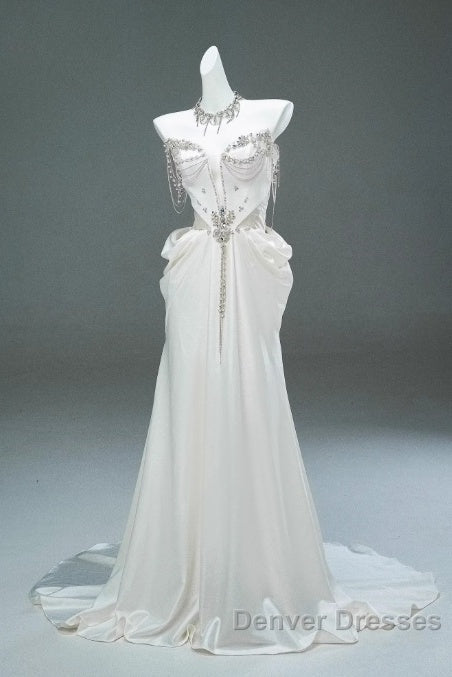 White Satin A-Line Sweetheart Beaded Long Prom Dress, Elegant Adult Ceremony Graduation Prom Dress