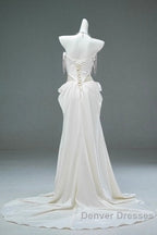 White Satin A-Line Sweetheart Beaded Long Prom Dress, Elegant Adult Ceremony Graduation Prom Dress
