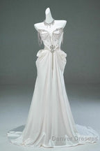 White Satin A-Line Sweetheart Beaded Long Prom Dress, Elegant Adult Ceremony Graduation Prom Dress
