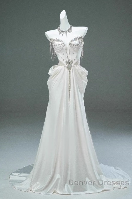 White Satin A-Line Sweetheart Beaded Long Prom Dress, Elegant Adult Ceremony Graduation Prom Dress