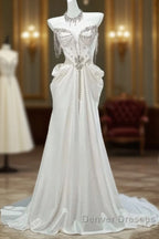 White Satin A-Line Sweetheart Beaded Long Prom Dress, Elegant Adult Ceremony Graduation Prom Dress
