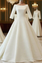 White Satin Backless 3/4 Sleeve Wedding Dress Party Prom Dress