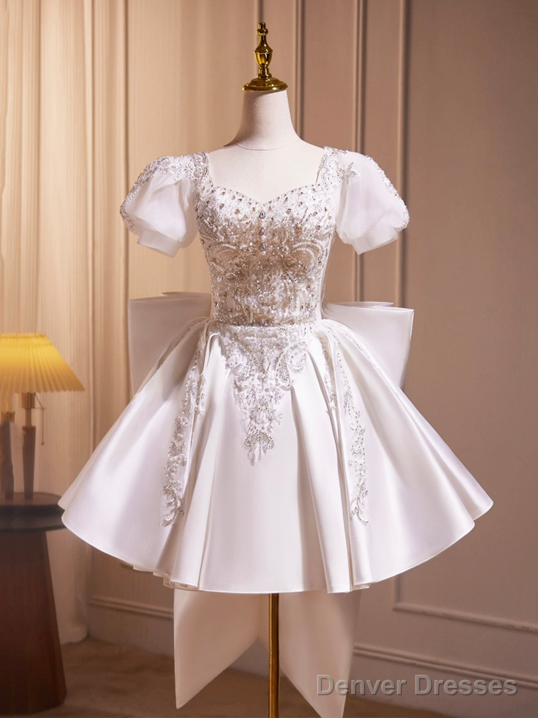 White Satin Beaded Knee Length Prom Dress, Cute A-Line Short Sleeve Party Dress With Bow