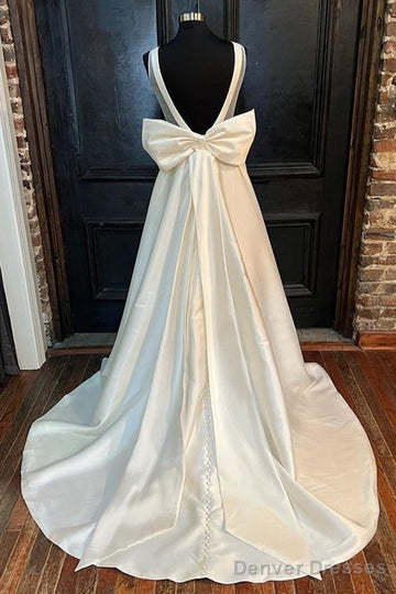 White Satin Crew Neck Bow-Back A-Line Wedding Dress Pure Color Secondary image