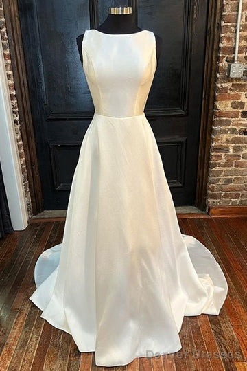 White Satin Crew Neck Bow-Back A-Line Wedding Dress Pure Color Main image