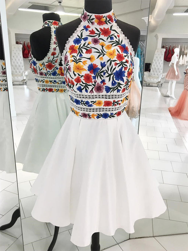 White Satin Embroidery High Neck Open Back Homecoming Dresses