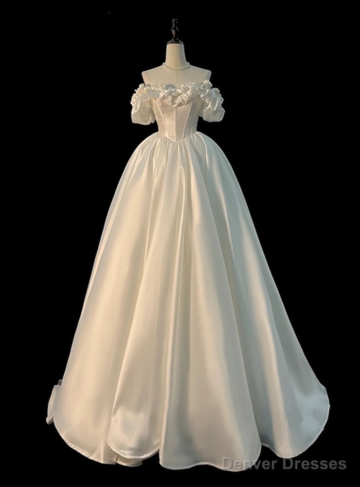 White Satin Flower Pearls Wedding Dress Main image