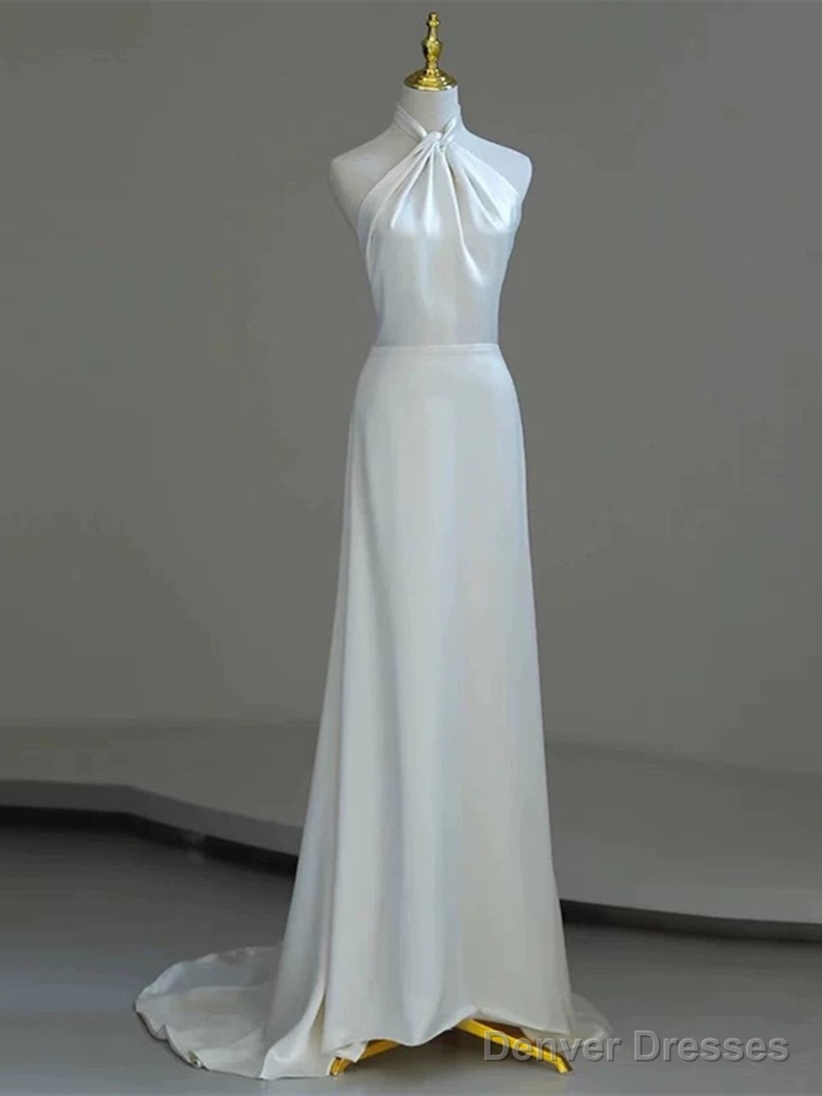 White Satin Halter A-Line Long Beaded Low Back Party Dress, White Wedding Party Dress Main image