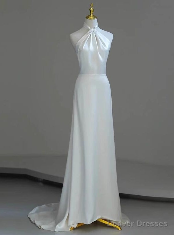 White Satin Halter Open Back Wedding Dress Main image