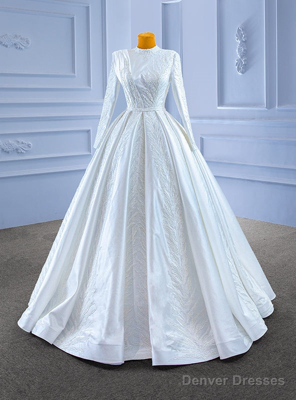 White Satin High Neck Long Sleeve Beading Wedding Dress Main image