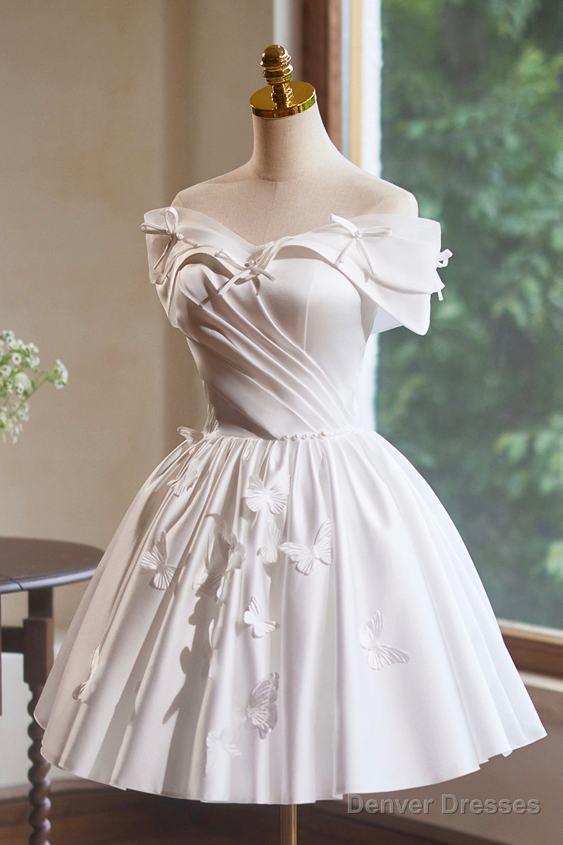 White Satin Knee Length Party Dress, Off the Shoulder A-Line Evening Dress Secondary image