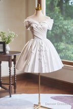 White Satin Knee Length Party Dress, Off the Shoulder A-Line Evening Dress