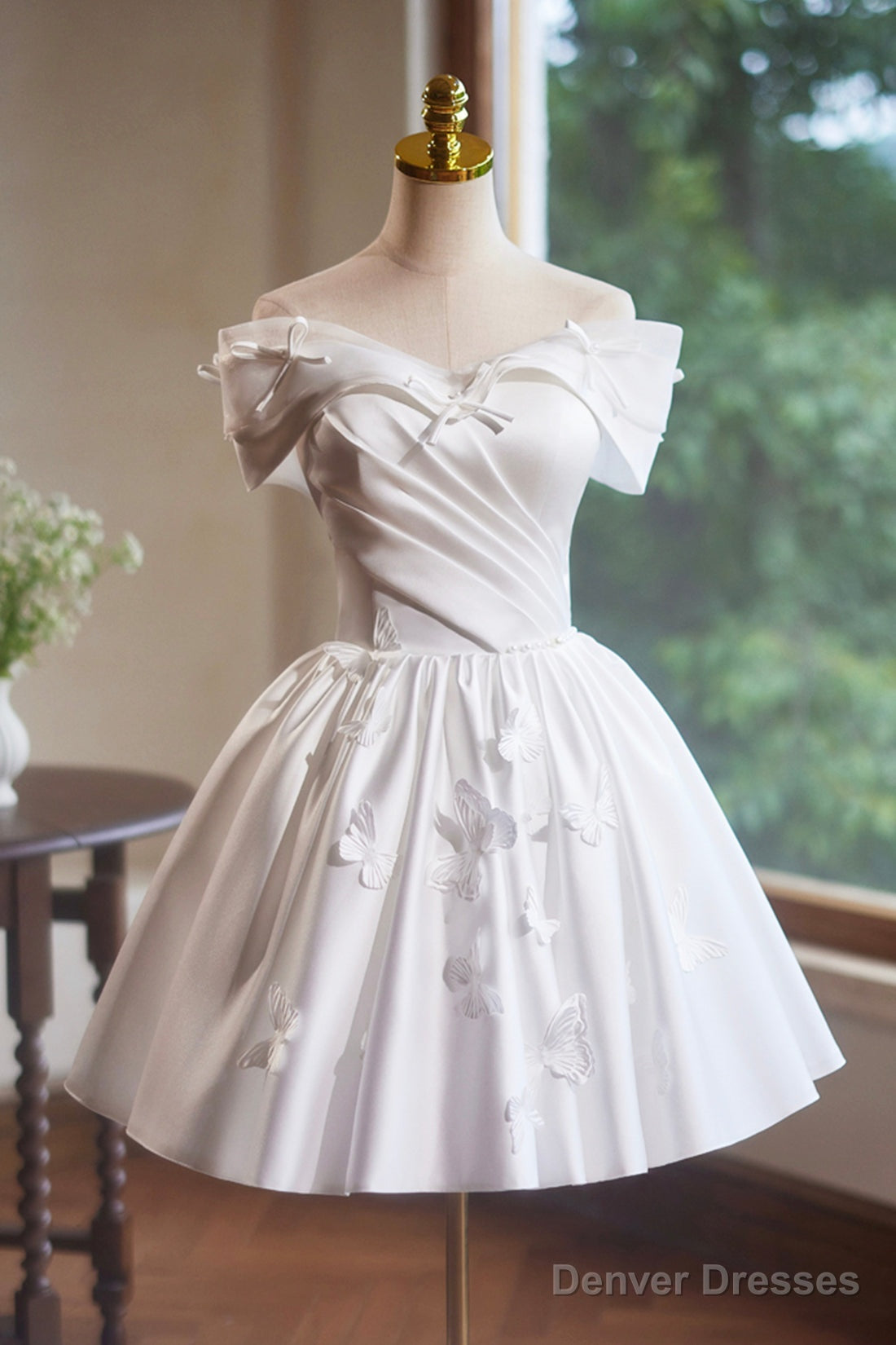 White Satin Knee Length Party Dress, Off the Shoulder A-Line Evening Dress Main image