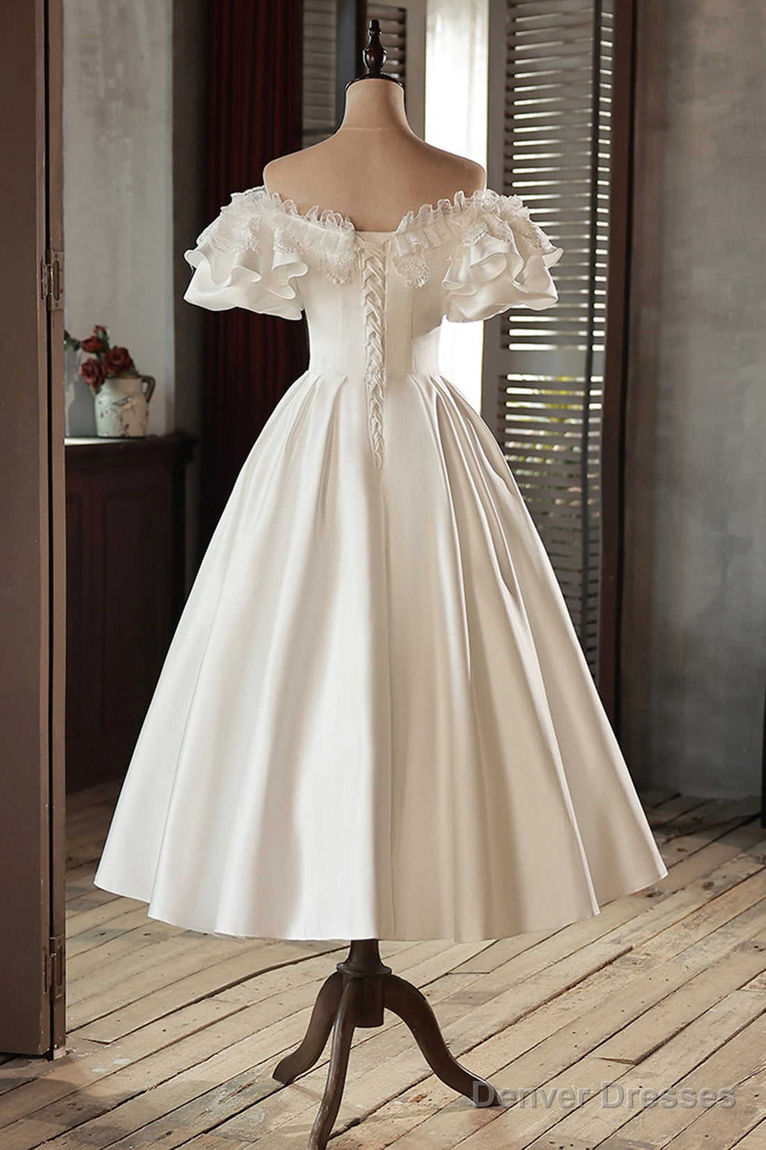 White Satin Lace Off Shoulder Prom Dress, White Evening Dress, Wedding Dress Secondary image