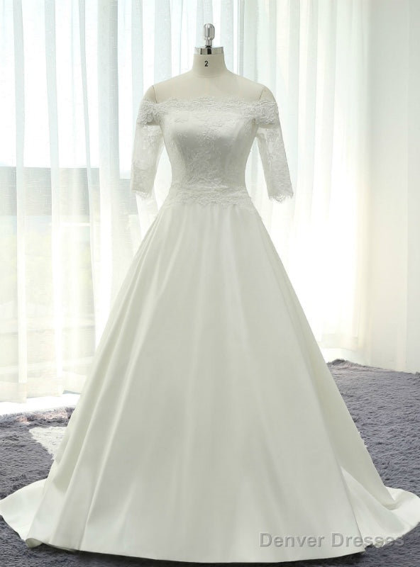 White Satin Lace Off The Shoulder Short Sleeve Wedding Dress With Lace Train