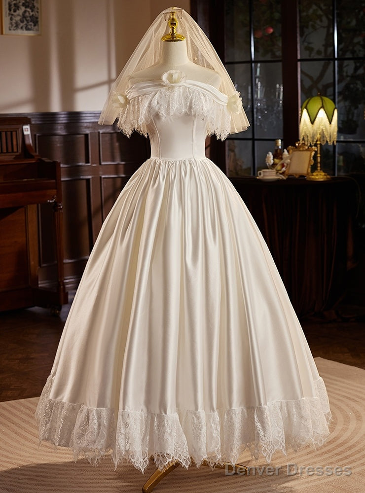 White Satin Lace Off the Shoulder Wedding Dress Main image