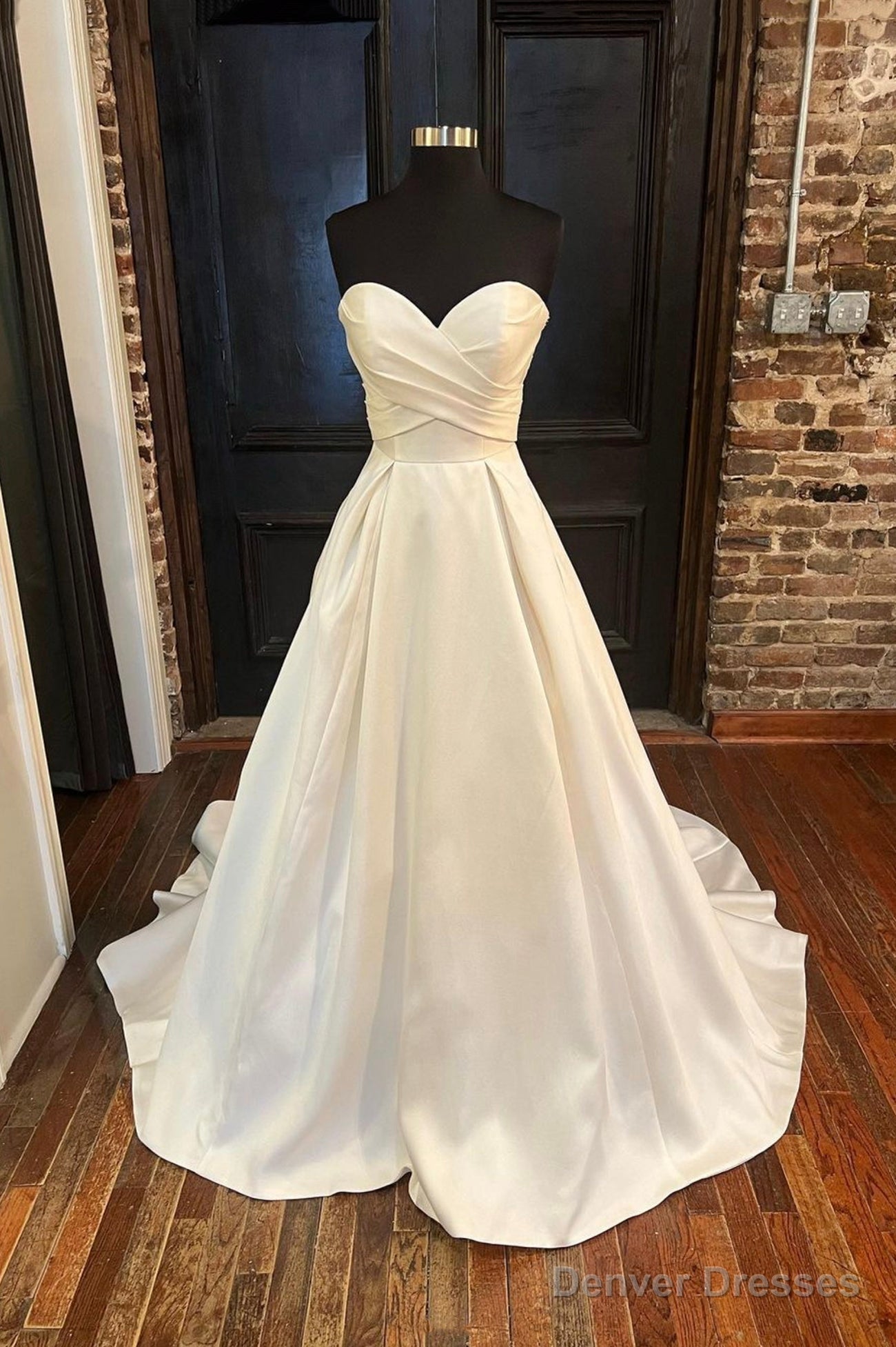 White Satin Long A-Line Prom Dress, White Sweetheart Neck Formal Dress Main image