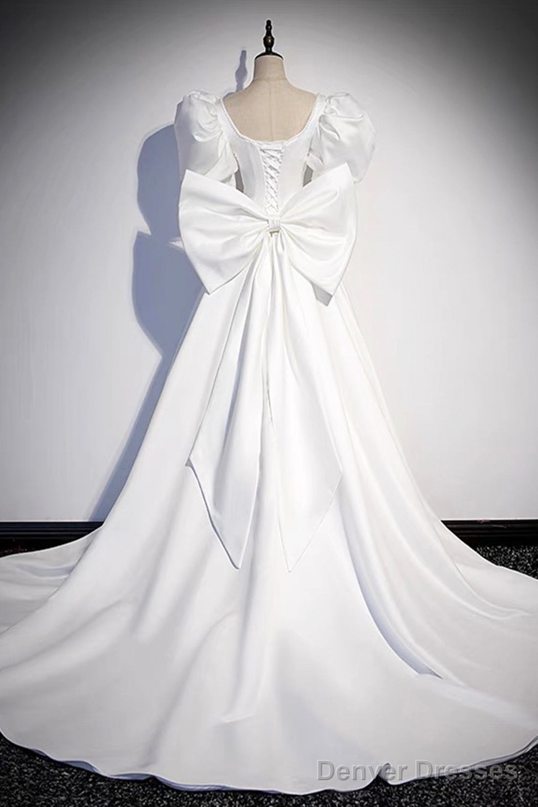 White Satin Long Prom Dress, Beautiful Short Sleeve Evening Dress With Bow Secondary image